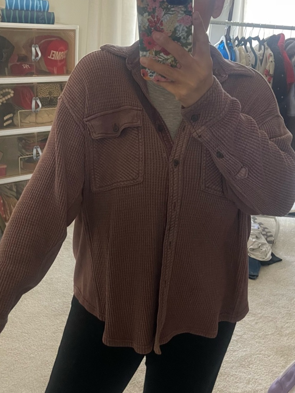 aerie Mauve-Brown Waffle Button-Up Shacket